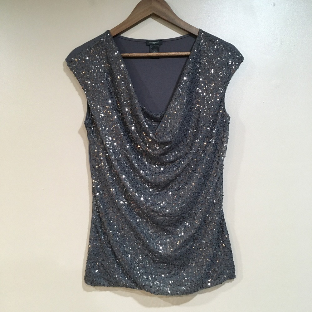 Ann Taylor Sequin Cowl‎ Neck Sleeveless Top Womens M Gray Glam Cocktail Party